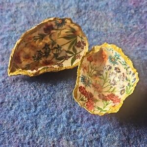 Handmade Floral Decoupaged Oyster  Shell Bowls with Gold Edge